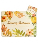 The living's easy with Tommy Bahama's Tropical Borders drink coasters. Hibiscus blossoms, lush ferns, and golden pineapples are just calling for a glass of cold beer or pina colada. An easy-clean surface on a sturdy cork back makes clearing the table a breeze.