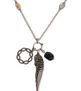 Soar to new heights of style. Lucky Brand's wing pendant is crafted from silver-tone mixed metal with semi-precious glass stones along the necklace providing a stylish touch. Approximate length: 25 inches + 2-inch extender. Approximate drop: 1-1/2 inches.