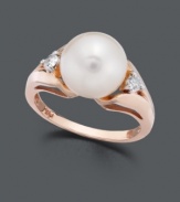 Look perfectly polished and poised in this traditional pearl ring with a modern twist. A stunning, cultured freshwater pearl (9-1/2-10 mm) and sparkling round-cut diamonds (1/6 ct. t.w.) add sophistication to a trendy, 14k rose gold band.