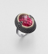 From the Laguna Collection. An oval design with a faceted fuchsia quartz surrounded by rich black spinels set in sterling silver accented by 18k gold. Black spinelFuchsia quartzSterling silver18k goldImported 