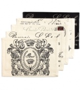 We'll always have Paris. Bring out your inner traveler with the Vintage Traveler Brasserie Placemats from Park B. Smith, featuring a Parisian-inspired motif in a classic black and ivory palette.