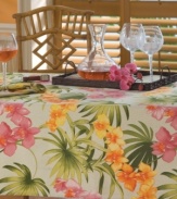 Oversized florals bloom with Tommy Bahama's signature style on table linens offering an enticing escape from ordinary dining. Bright orange, pink and green pack a tropical punch on the neutral, linen-hued ground of this fresh and casual African Orchid tablecloth.