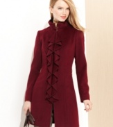 Elegant lines and a cascade of structured ruffles make this wool-blend coat from Tahari a true masterpiece.