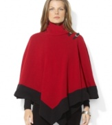 Lauren Ralph Lauren's classic wool poncho is updated with striking faux-leather buckles and a bold color-blocked hemline