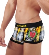 Streamline your silhouette with the sleek, line-free look of this plaid Brazilian trunk from Papi.