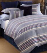 Snug stripes. This Sun Valley duvet cover set from Tommy Hilfiger features textured blue and ivory horizontal stripes with red and tan accents for homespun charm. Reverses to solid.