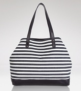 Statement stripes come about on Rebecca Minkoff's nautical canvas tote bag, boasting a roomy shape and leather trims. In buoyant style, this bag hints at yacht club chic.