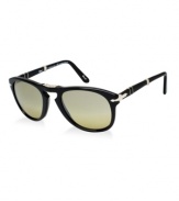 This black style by Persol features crystal, gradient, green photochromic polarized lenses. Photochromic polarized lenses provide clear vision while blocking glare and adapting to any type of light, indoors and out. This frame also folds in three places (nose bridge, temple, half-way at the arm) to be more compact.