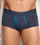 Fashion trunks in fashion colors, complete with all the detailing you'd expect from Emporio Armani. Such as a subtle signature logo waistband, seam binding in a contrast color keyed to waistband, and-last but not least-a wonderfully soft and stretchy cotton/elastane fabric.