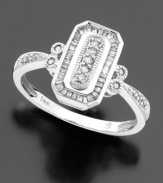 An art-deco style ring with lots of sparkle. Baguette-cut and round-cut diamonds (1/5 ct. t.w.) are set in 14k white gold.