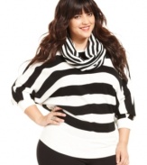 Stay warm and on-trend this season with Belle Du Jour's striped plus size sweater, including a removable scarf.