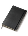 Black soft cover notebook with rounded corners, plain acid-free pages and an elastic closure.