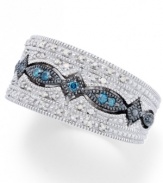 Perfectly patterned. This intricate ring combines round-cut blue diamonds (1/10 ct. t.w.) and white diamonds (1/6 ct. t.w.) in a sterling silver and black rhodium-accented band. Size 7.