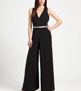 Timelessly stylish, this wide-leg jumpsuit features a sultry neckline and a chic belt.Deep v-neckSleevelessBelt loopsBelt includedAbout 33 from natural waist76% triacetate/21% polyester/3% polyurethaneDry cleanImported Model shown is 5'10 (177cm) wearing US size 4. OUR FIT MODEL RECOMMENDS ordering true size. 