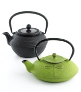 Revive the tradition of relaxing tea time with a cast iron tea pot in a whimsical dragonfly design. Stocked with a stainless steel loose tea infuser, this pot brews a blend like none you've ever tasted, enhancing the flavor and distributing heat more evenly through its cast iron core.