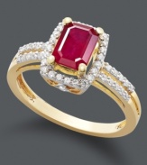 Regally resplendent. This polished style features an emerald-cut ruby (1 c.t. t.w) encircled by rows of round-cut diamonds (1/5 c.t. t.w). Crafted in 14k gold.