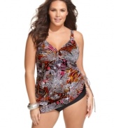 A bold tribal-inspired print gives Christina's plus size swimdress a hot look! Wear it with the side cinched up or down.