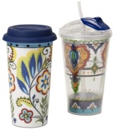 Fun and functional, Tabletops Unlimited travel mugs combine the bold patterns and colors of Bocca dinnerware with smart on-the-go features for hot and cold drinks. A silicone lid and pop-up straw keep spills to a minimum.