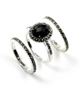 Keeping up with the trends is a breeze with Judith Jack's chic, stackable style. Three stacking rings can be worn one on top of the other. Center ring features an oval-cut onyx gemstone (14 ct. t.w.). All three rings crafted in sterling silver with sparkling marcasite accents. Size 7.