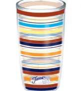 Iconic style meets brilliant design in the Fiesta Modern Stripe tumbler by Tervis Tumblers. Bold colors wrap a practically indestructible cup that'll keep hot drinks hot and cold drinks cold. With Fiesta logo and dancer.