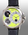 With a sophisticated lime green and polished stainless steel dial, featuring three time zones, a date display and a temperature gauge, this watch keeps you cool--and in the know.