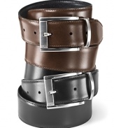 Classic dress belt with silvertone buckle. Reversible belt with brush finished buckle and keeper.