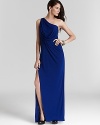 Make a grand entrance in this one shoulder BCBGMAXAZRIA dress, sleek and streamlined in a long, flowing silhouette.