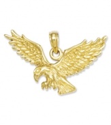 Strength, courage and intuition are all presented here in this iconic eagle landing charm. Embellished in polished 14k gold. Chain not included. Approximate drop length: 7/10 inch. Approximate drop width: 1 inch.