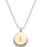 Letter perfection. This sterling silver necklace holds a pendant set in 14k gold and sterling silver plated topped with an I and adorned with crystal for a stunning statement. Approximate length: 18 inches. Approximate drop: 7/8 inch. Approximate drop width: 5/8 inch.