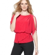 T Tahari's petite blouson top features a flattering silhouette and a dash of drama with split sleeves from shoulder to elbow.