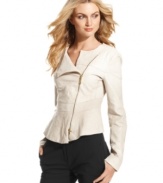 Vince Camuto's leather jacket offers a tough-chic aesthetic with a fitted silhouette and asymmetrical styling.