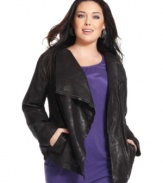 Layer your fave fall looks with DKNY Jeans plus size jacket, featuring a smooth faux suede finish.