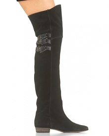 Add a little sassiness to your next outfit in these over-the-knee suede boots with three buckle detail at back.