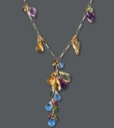 Accentuate your neckline with a dazzling rainbow of color. Effy Collection's stunning y-shaped necklace features a plentiful array of gemstones including lemon quartz (11-1/3 ct. t.w.), amethyst (9-9/10 ct. t.w.), citrine (14 ct. t.w.), blue topaz (13-3/8 ct. t.w.), tourmaline (9-1/10 ct. t.w.), garnet (9/10 ct. t.w.) and peridot (5/8 ct. t.w.). Set in 14k gold. Approximate length: 16 inches. Approximate drop: 2 inches.