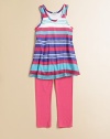 Colorful stripes adorn an oh-so-easy tunic-length tank paired with solid color leggings for one of her favorite looks.Scoop necklineSleevelessSlight cutaway shouldersSubtly flared shapeElastic-waist solid leggingsMicro modalMachine washMade in USATop; pattern varies