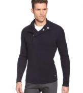 Armani Jeans does a body-hugging ribbed sweater with a snap collar that takes it totally out of the ordinary.