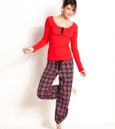 Lacy solids and pretty prints, what could be better? Material Girl's red henley top and plaid pajama pants.