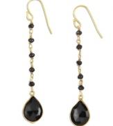 Bold beadwork. Black onyx beads and teardrops (11 ct. t.w.) stand out against a polished 18k gold over sterling silver setting. Approximate drop: 2 inches.