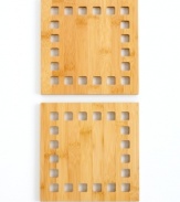 Every inch of your table is covered in great taste! Practical, simple and stunning, these bamboo trivets set the standard when you dine. The geometric border detailing accentuates the natural coloring of these eco-friendly accents. Lifetime warranty.