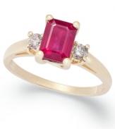 Look on the bright side. This beautiful ring features a three-stone design with an emerald-cut ruby (1-5/8 ct. t.w.) and round-cut diamond side stones (1/5 ct. t.w.). Set in 14k gold.