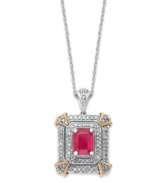 Royal etiquette. An emerald-cut ruby (2 ct. t.w.) sits front and center amidst two rows of round-cut diamonds (3/8 ct. t.w.). Set in 14k white gold with 14k rose gold corners. Approximate length: 18 inches. Approximate drop: 1 inch.