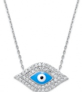 Style and symbolism combine on Studio Silver's chic Evil Eye pendant. Crafted in sterling silver, pendant features sparkling crystal accents and a blue, white and black enamel eye. Approximate length: 18 inches. Approximate drop length: 1/2 inch. Approximate drop width: 3/4 inch.