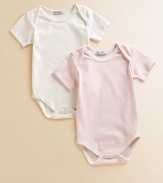 Comfy baby basics in soft cotton knit, offering one dot and one solid design.Envelope shoulders for easy on and off Short sleeves Snap bottom Cotton; machine wash Imported