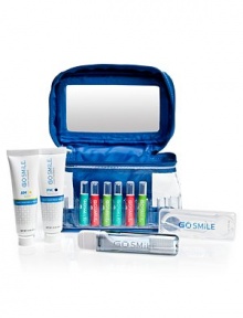 The perfectly portable way to keep your smile white. Convenient kit includes a train case with built-in mirror (6½L) containing six assorted Touch Up® ampules (.02fl/.59 ml each), travel-sized tubes of AM and PM Toothpaste (1oz/28g each), a travel toothbrush and a case of floss picks. Your smile will be white and healthy, in any time zone! 