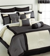 Chic, sophisticated and ready to redo your space in style. This Serafim comforter set boasts a fashion-forward color block design and pin tuck pleats for added dimension all in neutral black, white and charcoal tones.