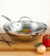 A quick, healthy and flavorful meal the whole family can enjoy, stir fry is simple when you use the proper pan. Shining brilliantly in mirror-finish stainless steel, this sleek pan features gently sloping sides to keep meat, vegetables and sauce contained as you cook. Lifetime warranty.