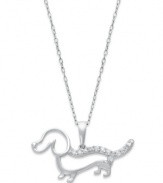 Pay tribute to your favorite long and loyal friend. This sparkling pendant features a cut-out dachshund decorated by round-cut diamonds (1/10 ct. t.w.). Set in sterling silver with a rhodium-plated chain. Approximate length: 18 inches. Approximate drop length: 3/5 inch. Approximate drop width: 1 inch.