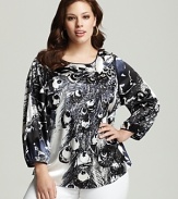 This flowing Tahari Woman printed top is lavished in a black-and-white peacock design for an original way to wear the season's requisite animal prints. Pair this striking piece over color-surge denim for an eye-catching day or evening look.