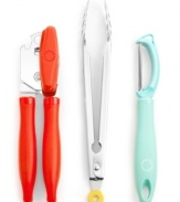 Make things easy on yourself with do-it-all tools! This comprehensive set includes the basics of any busy kitchen-handy dandy tongs, peeler and can opener-in fun colors that brighten up any space and stand out in drawers.