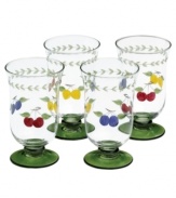 Lemons, cherries and plums add a splash of summery cheer to this set of already irresistible iced tea drinking glasses. Hand painted and etched, with a leaf garland and pine-green base, this Villeroy & Boch drinkware brings colorful refreshment to casual country kitchens.